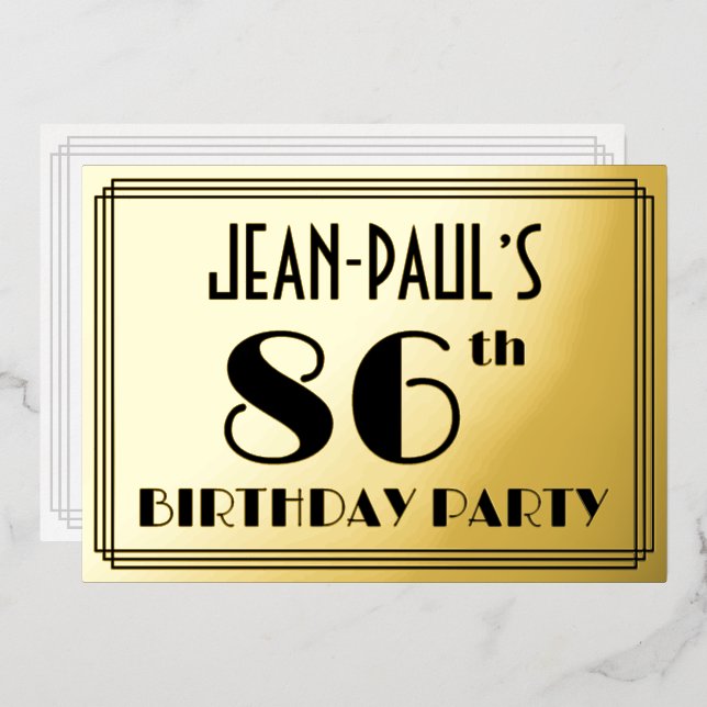 86th Birthday Party — Art Deco Look “86” + Name Foil Invitation (Front/Back)