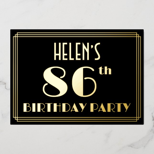 86th Birthday Party: Art Deco Look “86”, w/ Name Foil Invitation (Front)