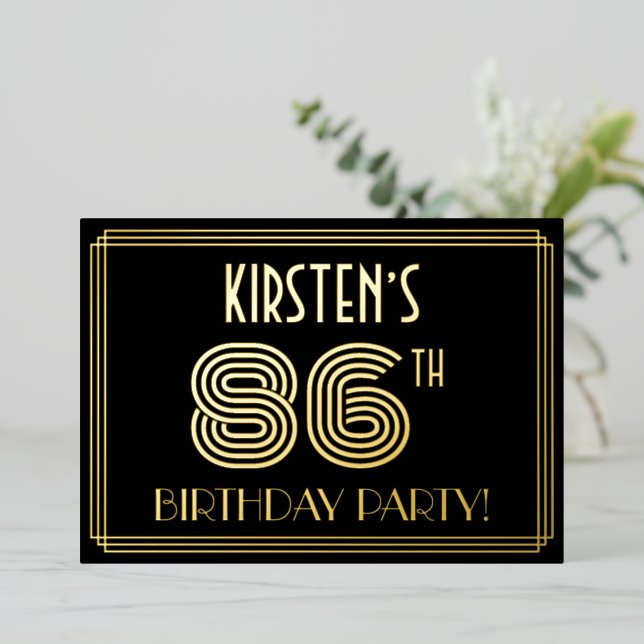 86th Birthday Party — Art Deco Style “86” + Name Foil Invitation (Standing Front)