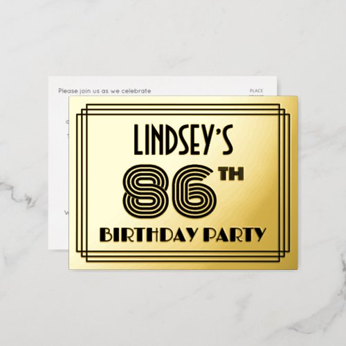 86th Birthday Party  Art Deco Style 86  Name Foil Invitation Postcard