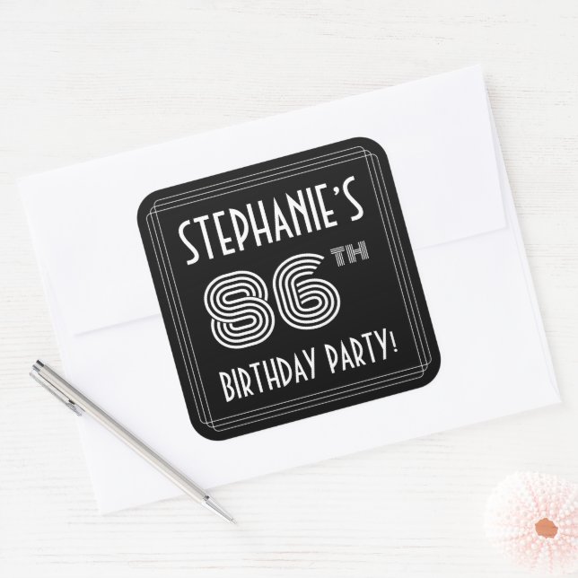86th Birthday Party: Art Deco Style & Custom Name Square Sticker (Envelope)