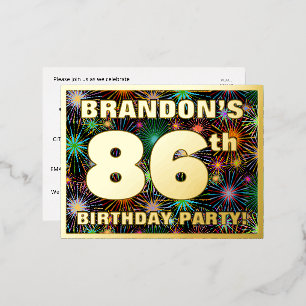 86th Birthday Party: Bold, Colorful Fireworks Look Foil Invitation Postcard