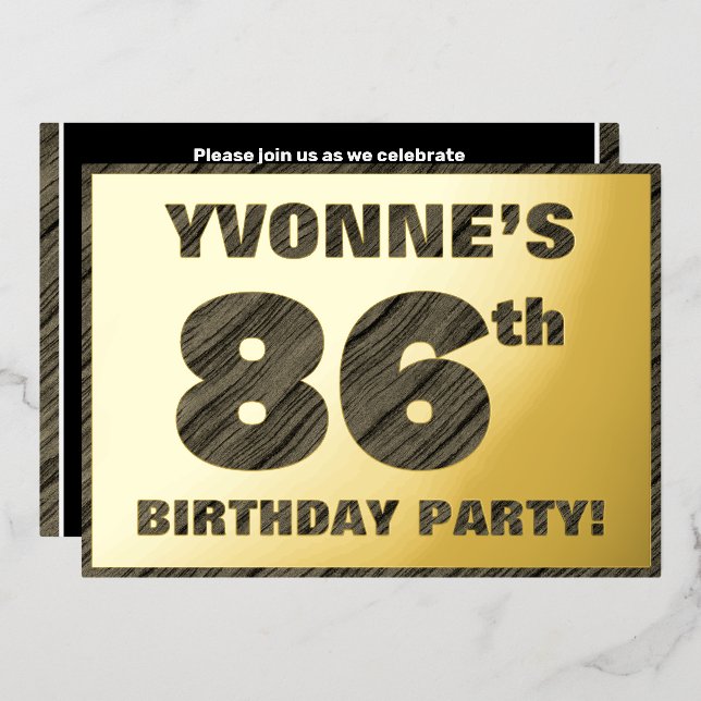 86th Birthday Party — Bold, Faux Wood Grain Text Foil Invitation (Front/Back)