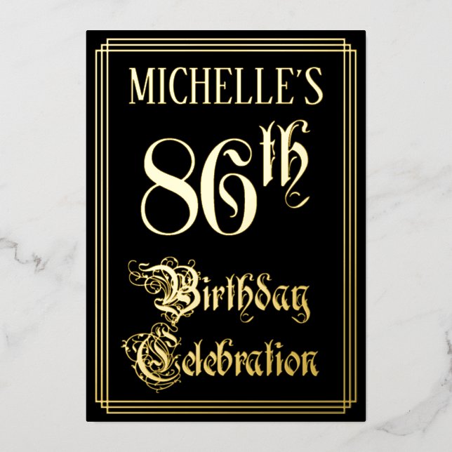 86th Birthday Party — Fancy Script & Custom Name Foil Invitation (Front)
