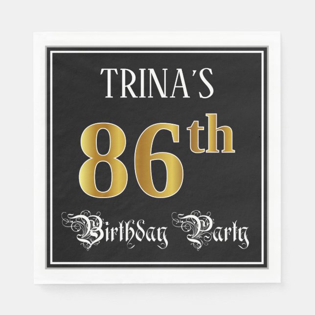 86th Birthday Party — Fancy Script, Faux Gold Look Napkins (Front)