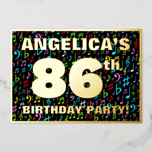 86th Birthday Party  Fun Colorful Music Symbols Foil Invitation