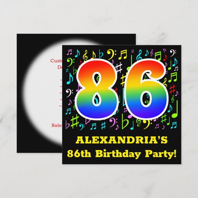86th Birthday Party: Fun Music Symbols, Rainbow 86 Invitation (Front/Back)