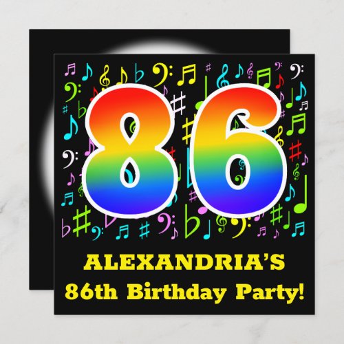 86th Birthday Party Fun Music Symbols Rainbow 86 Invitation