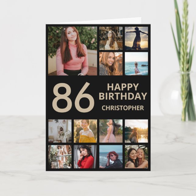 86th Birthday Photo Collage 13 Photos Black & Gold Card (Front)