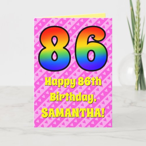 86th Birthday Pink Stripes  Hearts Rainbow  86 Card