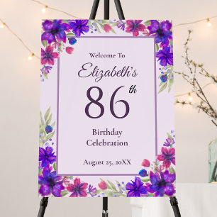 86th Birthday Purple Floral Welcome Sign