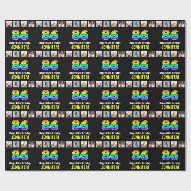 86th Birthday: Rainbow “86“; Custom Photos & Name Wrapping Paper (Flat)