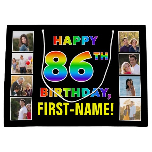 86th Birthday Rainbow Text Custom Photos  Name Large Gift Bag