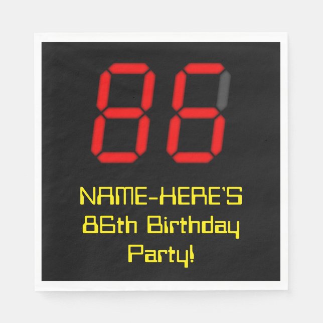 86th Birthday: Red Digital Clock Style "86" + Name Napkins (Front)