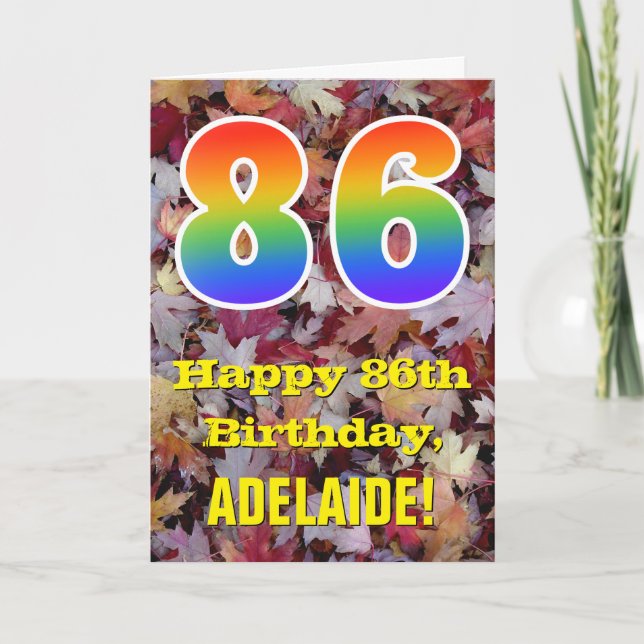 86th Birthday; Rustic Autumn Leaves; Rainbow "86" Card (Front)