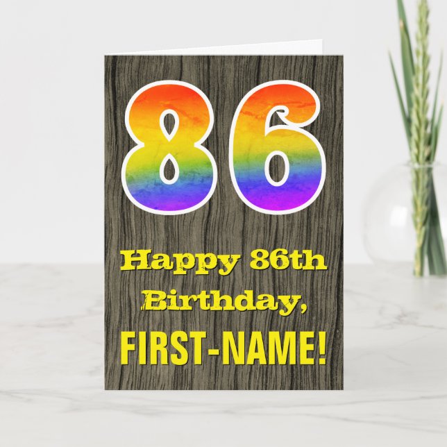 86th Birthday: Rustic Faux Wood Look, Rainbow "86" Card (Front)