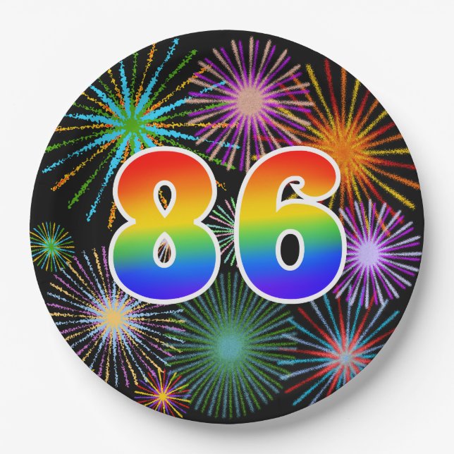 86th Event - Fun, Colorful, Bold, Rainbow 86 Paper Plates (Front)