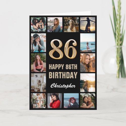 86th Happy Birthday Black and Gold Photo Collage Card