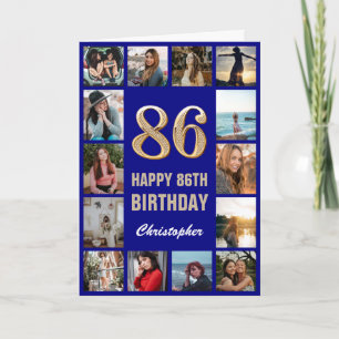 86th Happy Birthday Navy Blue & Gold Photo Collage Card