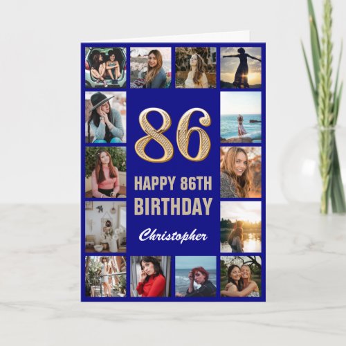 86th Happy Birthday Navy Blue  Gold Photo Collage Card