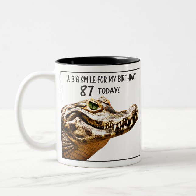 87th Birthday Alligator Smile Two-Tone Coffee Mug (Left)