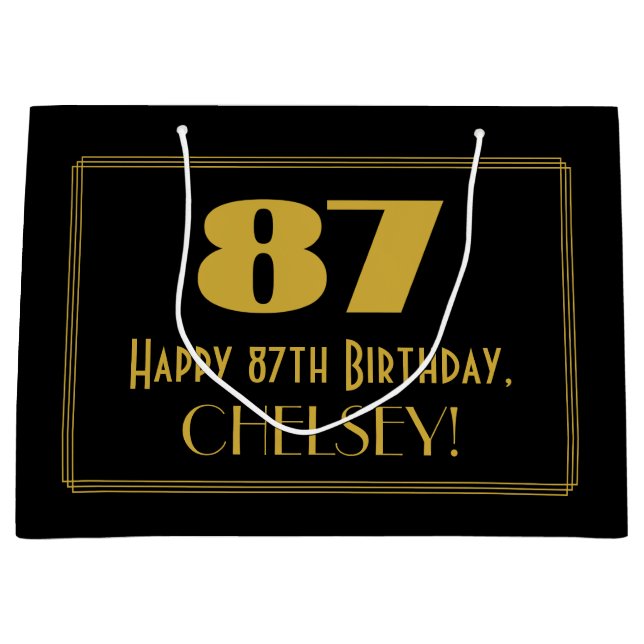 87th Birthday — Art Deco Inspired Look "87" & Name Large Gift Bag (Front)