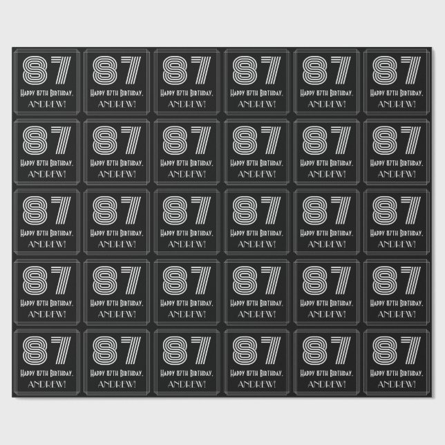 87th Birthday: Art Deco Inspired Look "87" w/ Name Wrapping Paper (Flat)