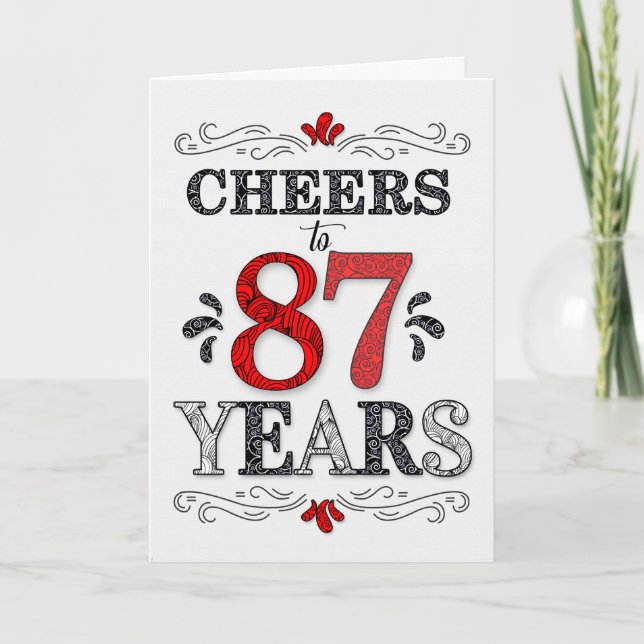 87th Birthday Cheers in Red White Black Pattern Card (Front)