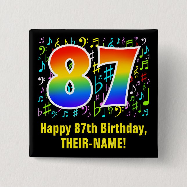 87th Birthday: Colorful Music Symbols, Rainbow 87 Button (Front)