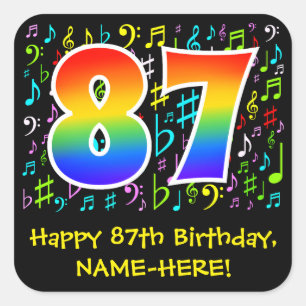 87th Birthday: Colorful Music Symbols, Rainbow 87 Square Sticker