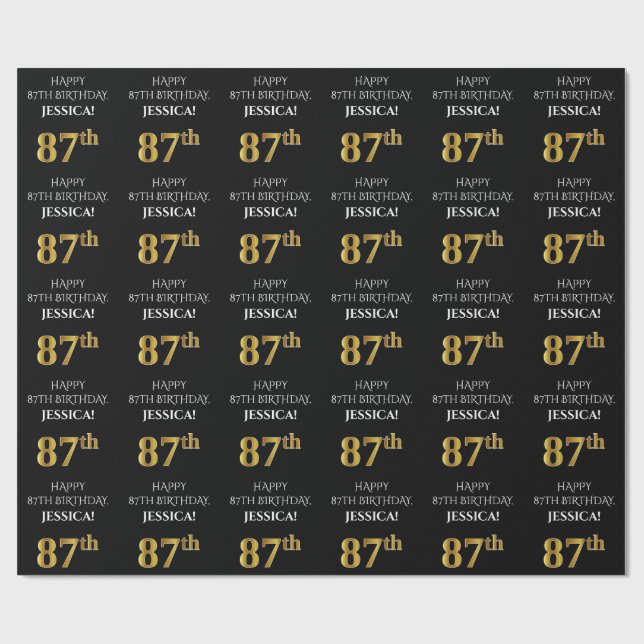 87th Birthday: Elegant, Black, Faux Gold Look Wrapping Paper (Flat)