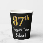 [ Thumbnail: 87th Birthday - Elegant Luxurious Faux Gold Look # Paper Cups ]