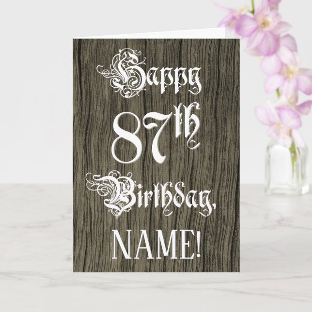87th Birthday: Fancy, Elegant Text; Faux Wood Look Card (Orchid)