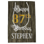 [ Thumbnail: 87th Birthday: Faux Gold Look & Faux Wood Pattern Gift Bag ]