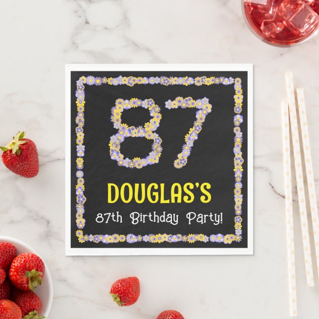 87th Birthday: Floral Flowers Number, Custom Name Napkins (Insitu)