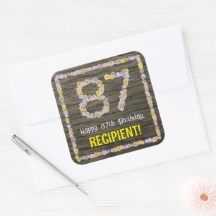 87th Birthday: Floral Number, Faux Wood Look, Name Square Sticker
