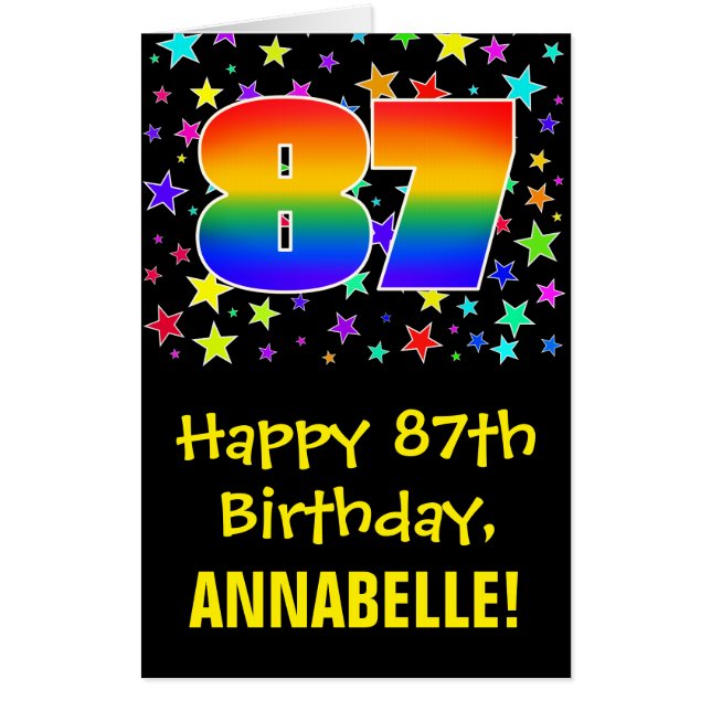 87th Birthday: Fun, Colorful Stars + Rainbow # 87 Card (Front)