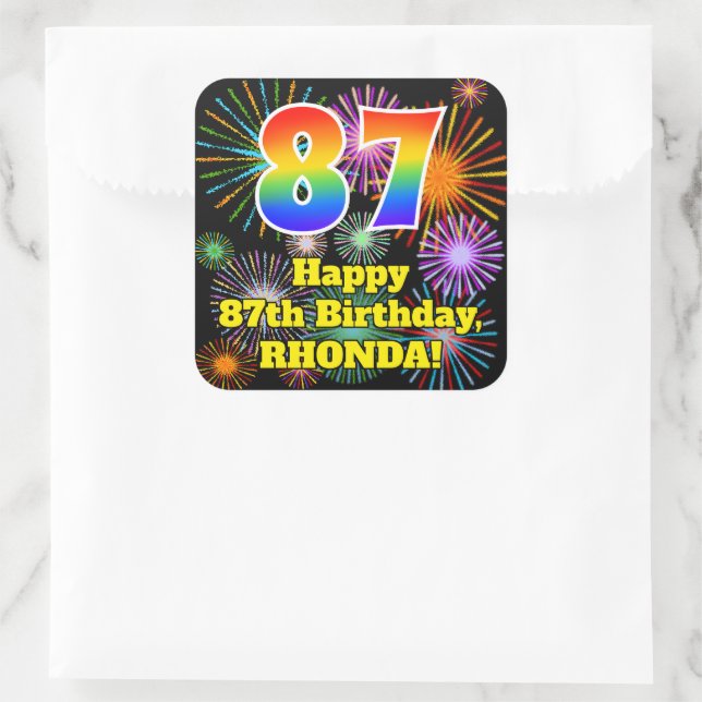 87th Birthday: Fun Fireworks Look, Rainbow # 87 Square Sticker (Bag)