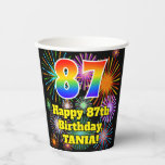 [ Thumbnail: 87th Birthday: Fun Fireworks Pattern + Rainbow 87 Paper Cups ]