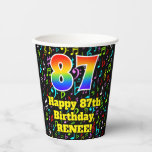[ Thumbnail: 87th Birthday: Fun Music Notes Pattern, Rainbow 87 Paper Cups ]