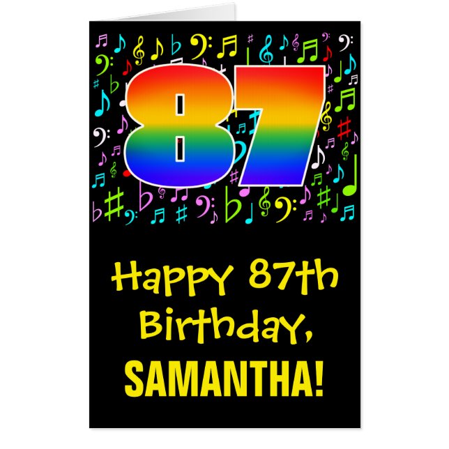 87th Birthday: Fun Music Symbols + Rainbow # 87 Card (Front)