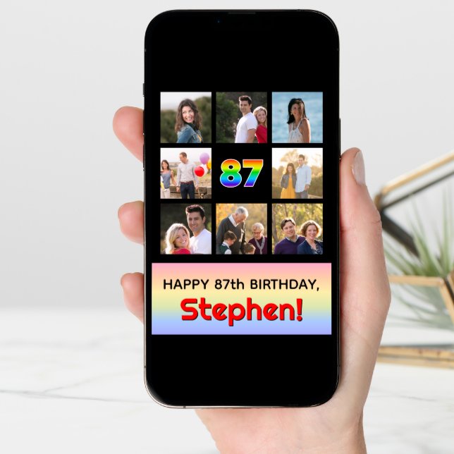 87th Birthday: Fun Rainbow #, Custom Photos + Name Card (Front Digital)