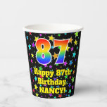 [ Thumbnail: 87th Birthday: Fun Stars Pattern and Rainbow 87 Paper Cups ]