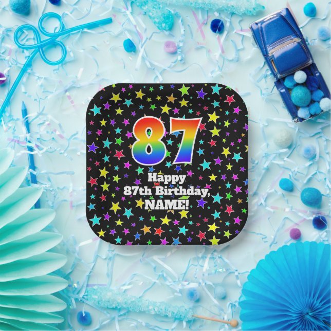 87th Birthday: Fun Stars Pattern and Rainbow “87” Paper Plates (Party)