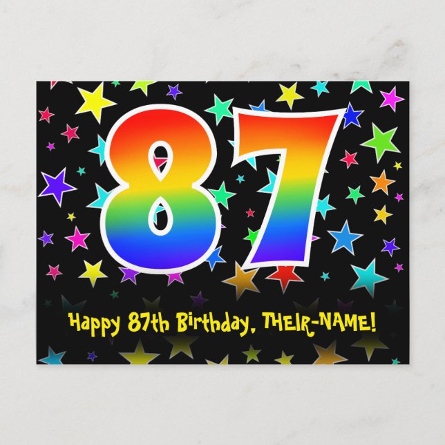 87th Birthday: Fun Stars Pattern, Rainbow 87, Name Postcard (Front)
