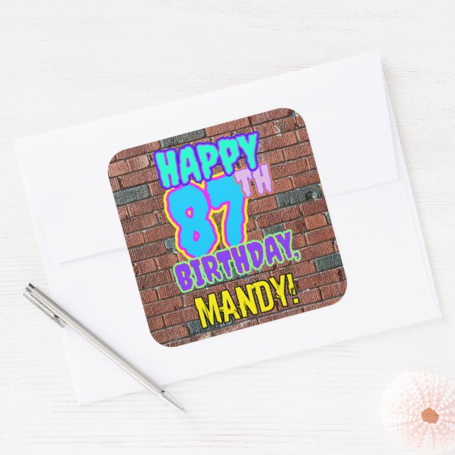 87th Birthday – Fun, Urban Graffiti Inspired Look Square Sticker (Envelope)