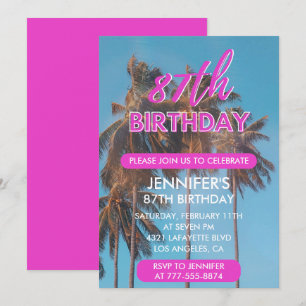 87th birthday invitation Summer Pink Palm tree