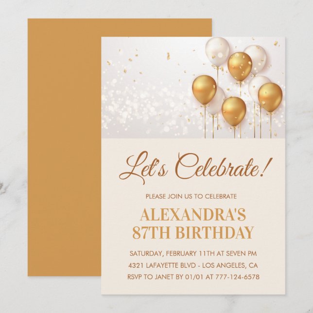 87th birthday invitations Balloons Gold (Front/Back)