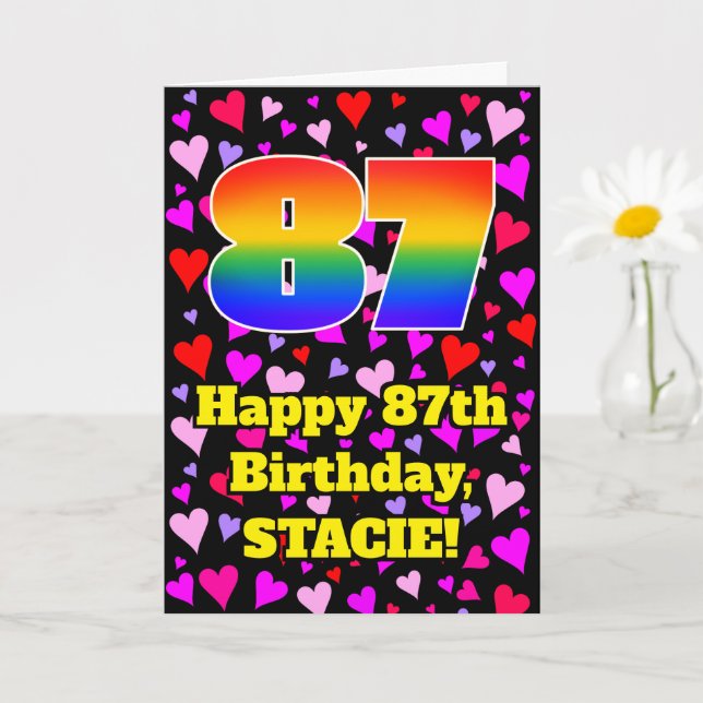 87th Birthday: Loving Hearts Pattern, Rainbow # 87 Card (Small Plant)