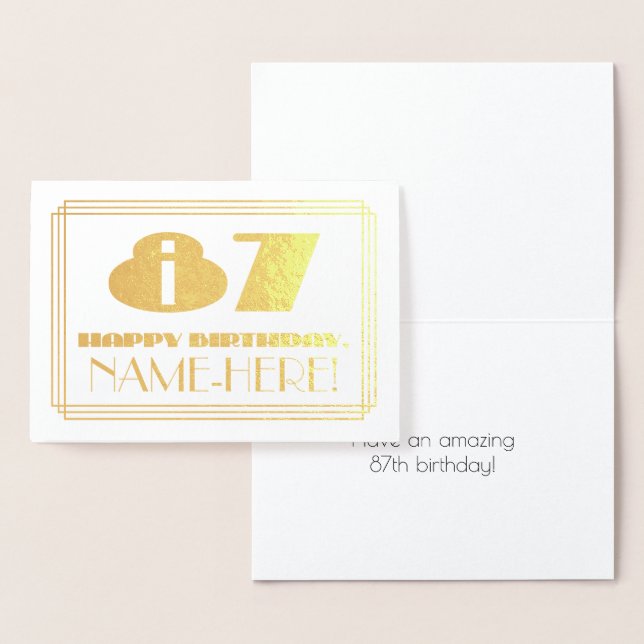 87th Birthday; Name + Art Deco Inspired Look "87" Foil Card (Display)